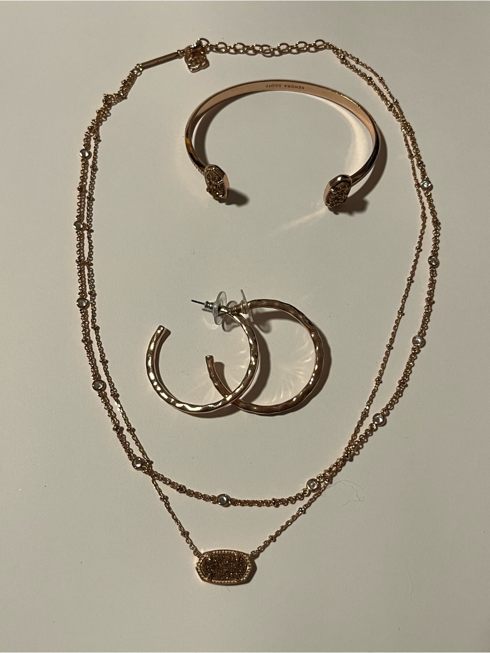 Kendra Scott Rose Gold Layered Necklace Set with Cuff & Hammered Hoop Earrings
